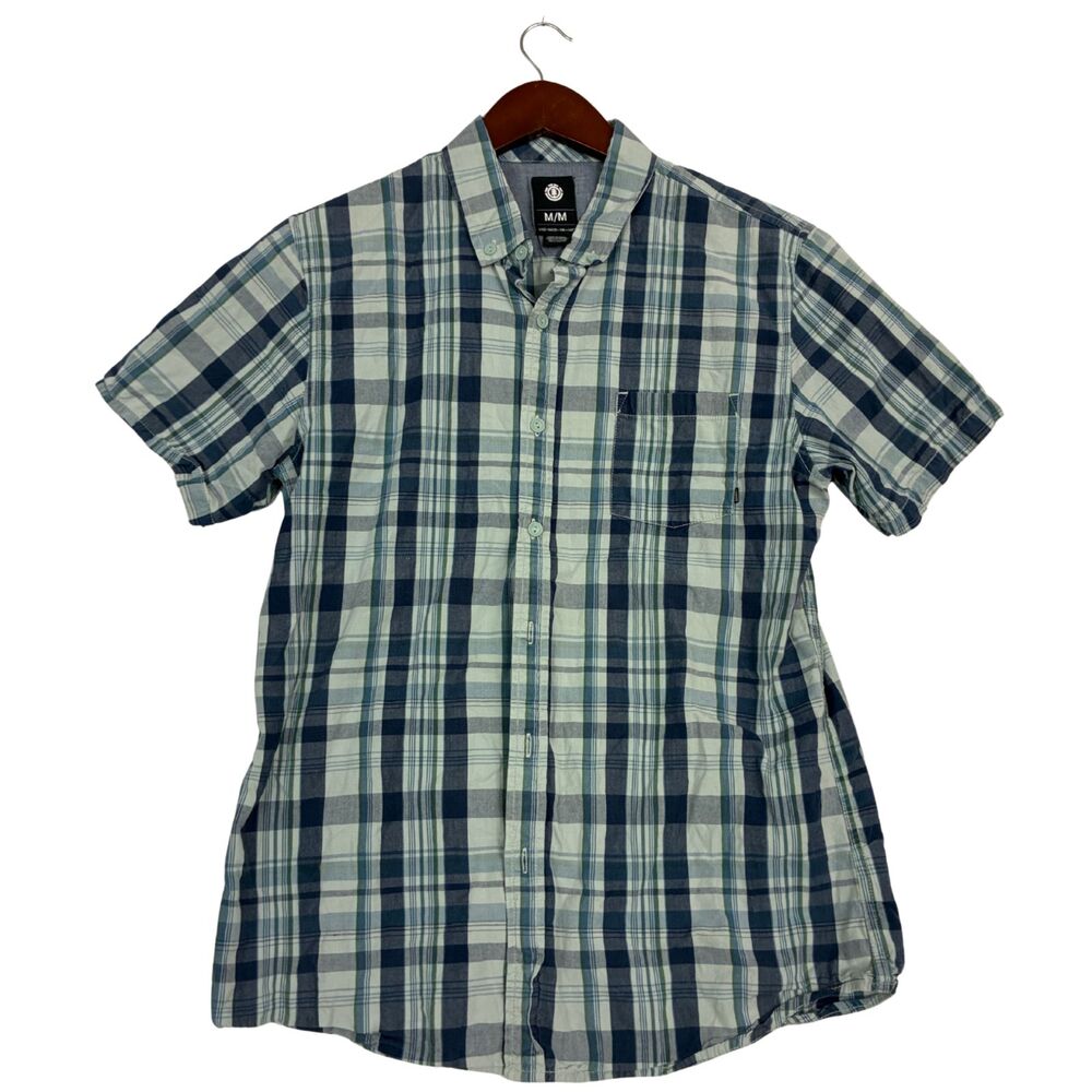 Element Mens M Plaid Short Sleeve Button Up Shirt Blue Green 100% Cotton Skate